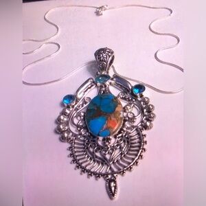 Oyster Copper Turquoise Blue Topaz Stamped 925 Sterling Silver Necklace